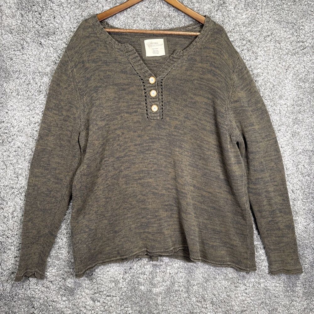 Natural Reflections Knit Henley Sweater Size XXL 100% Cotton Green Granola Cabin
